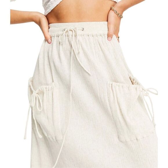 ASOS Drawstring Midi Crinkle Cream Skirt 14 - Picture 4 of 5